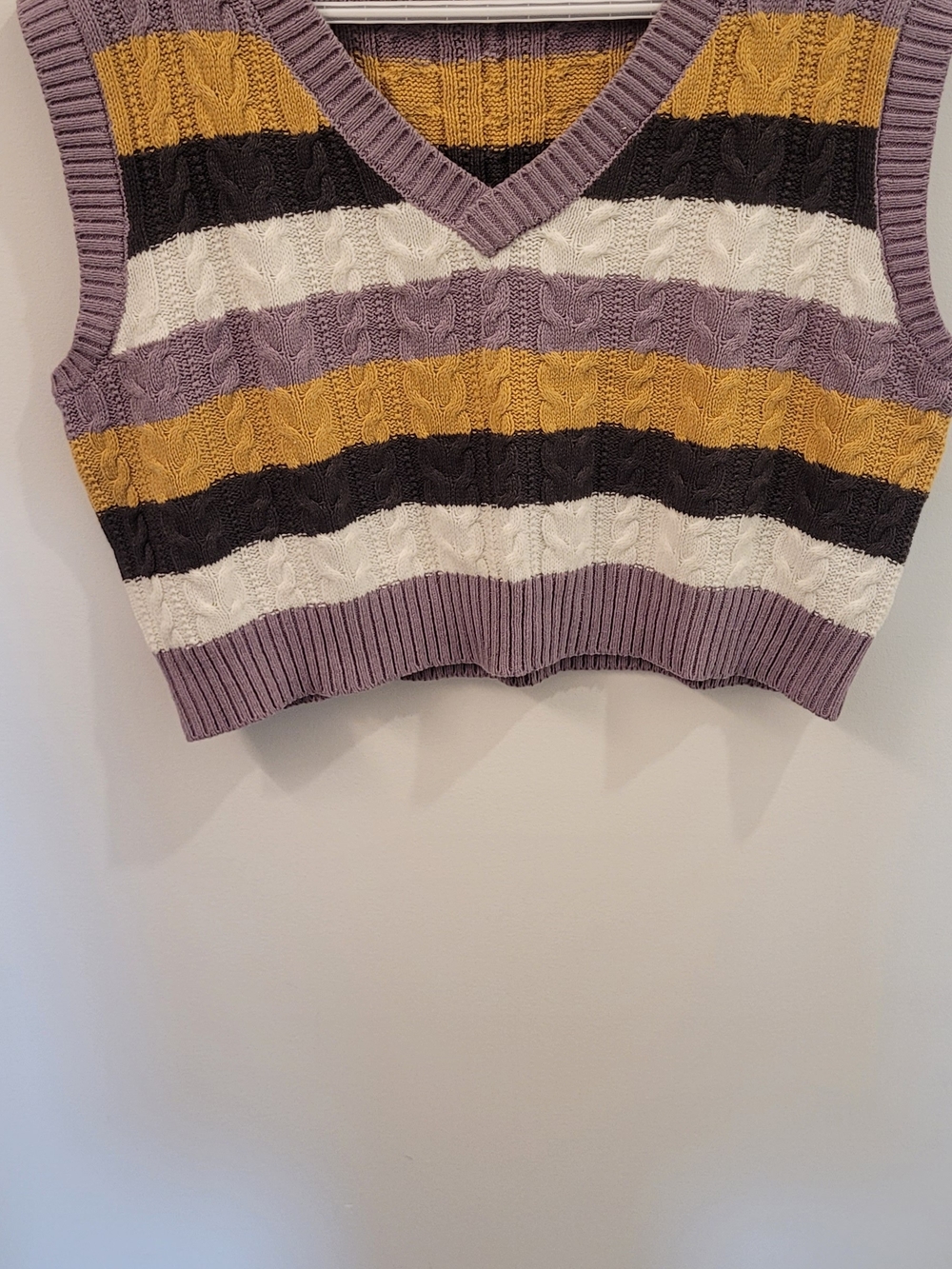 Striped Cable-Knit V-Neck Sweater Vest in Lavender and Mustard